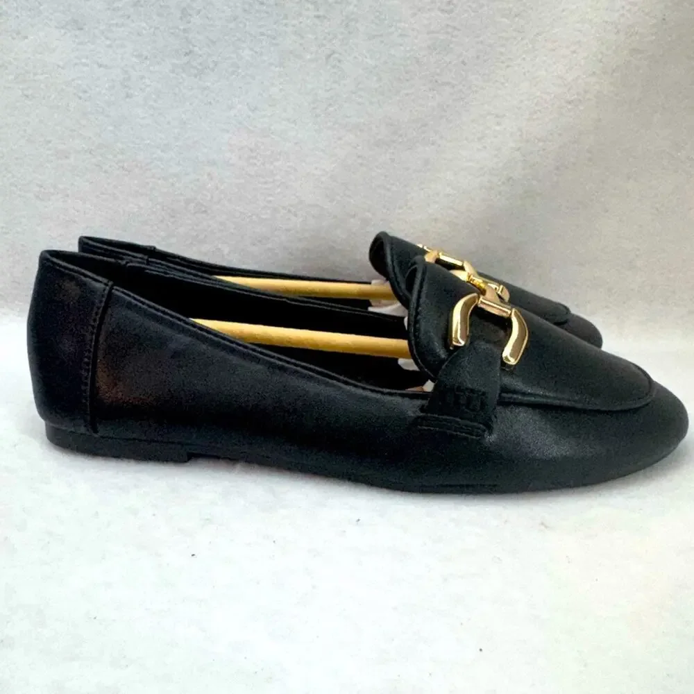 NWT Women’s Faux Leather London Rebel Snaffle Trim Flats Shoes Black size 6
